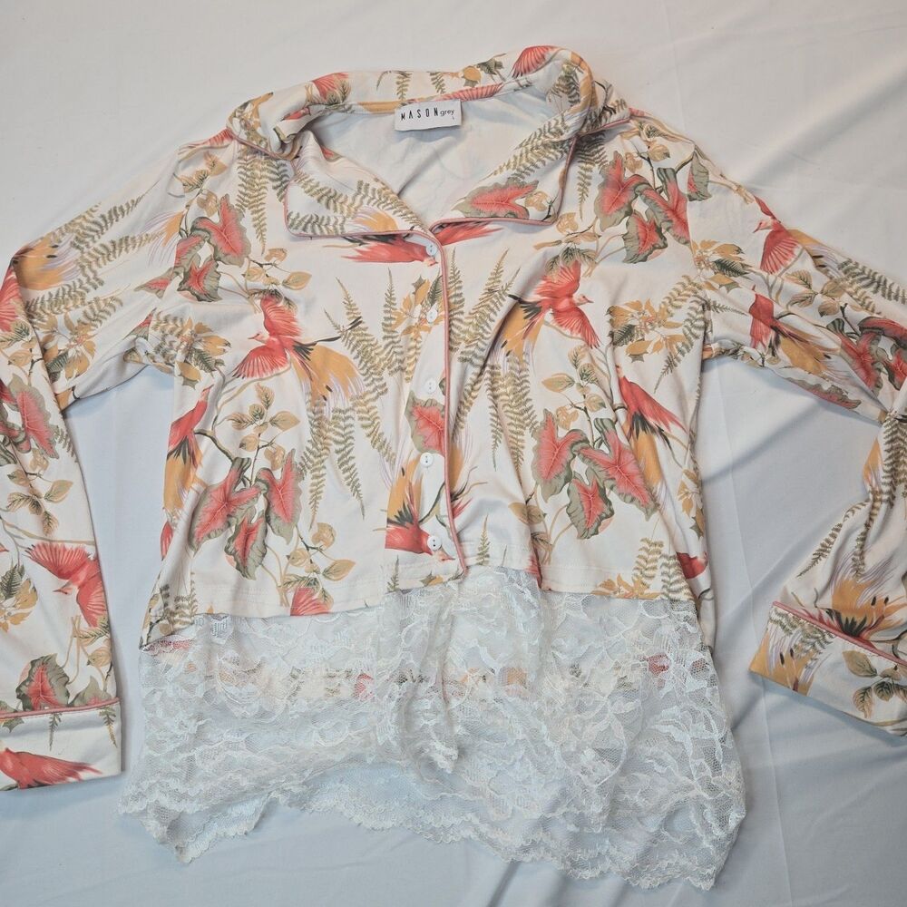 Mason Grey Earthy Romantic Pajama Top L Cream Button Front Lace Boho Naturecore